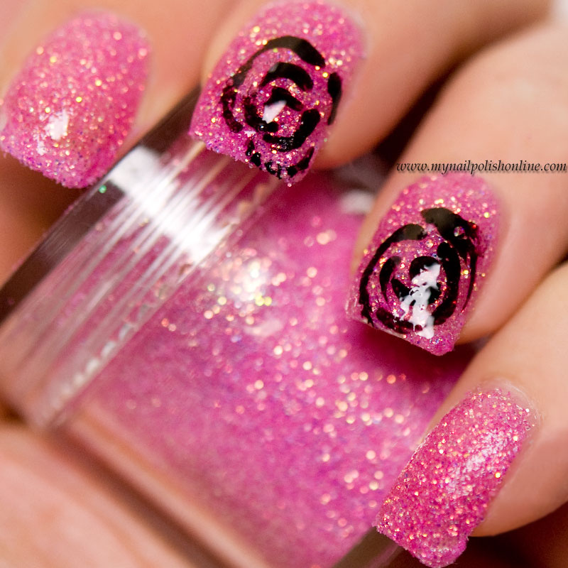 Black roses on pink loose glitter