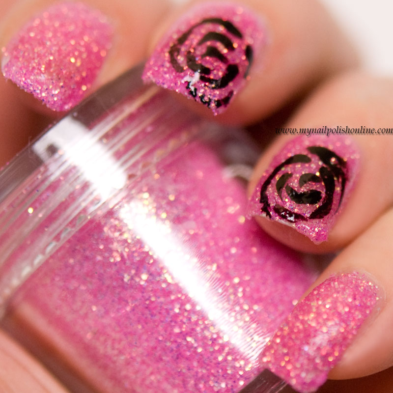 Black roses on pink loose glitter