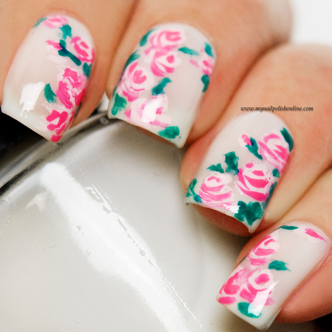 Nail Art with Pink Roses on white